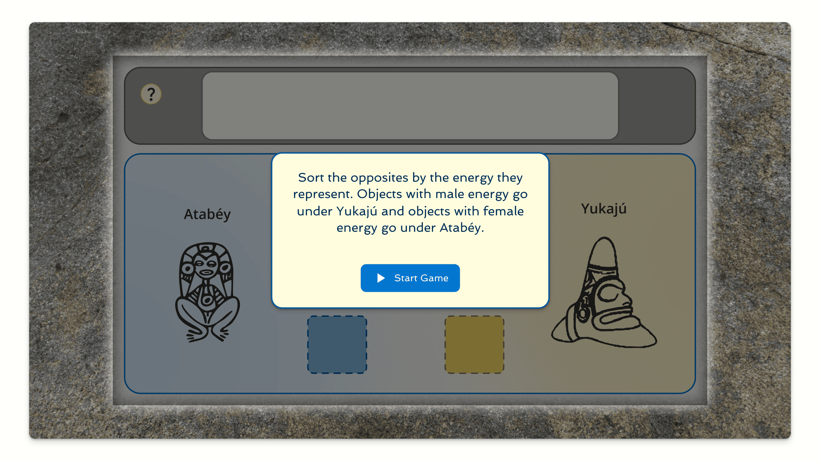 First frame of the sorting game featuring an opening modal with instructions and a Start Game button, overlaid on the visible game board.