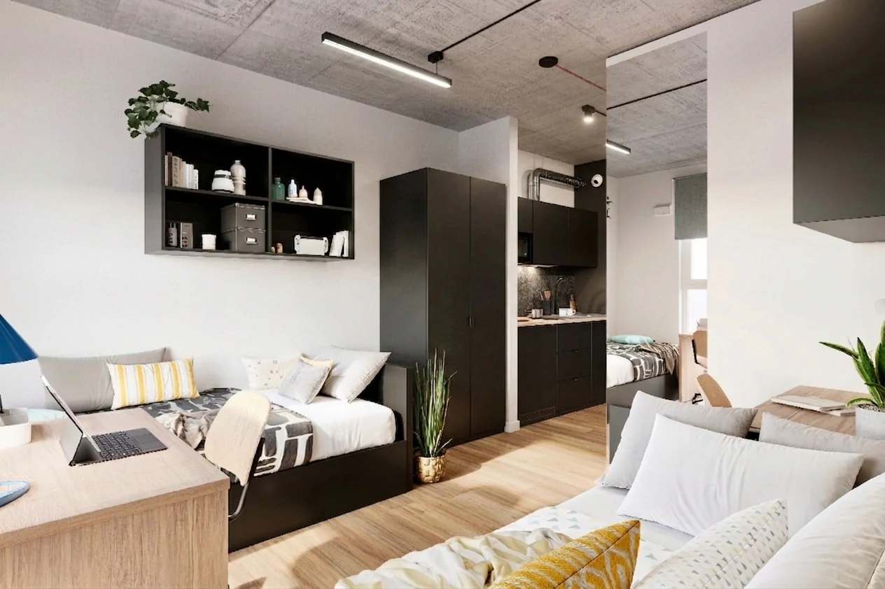 Modern student room with bed, study desk and storage in Kraków