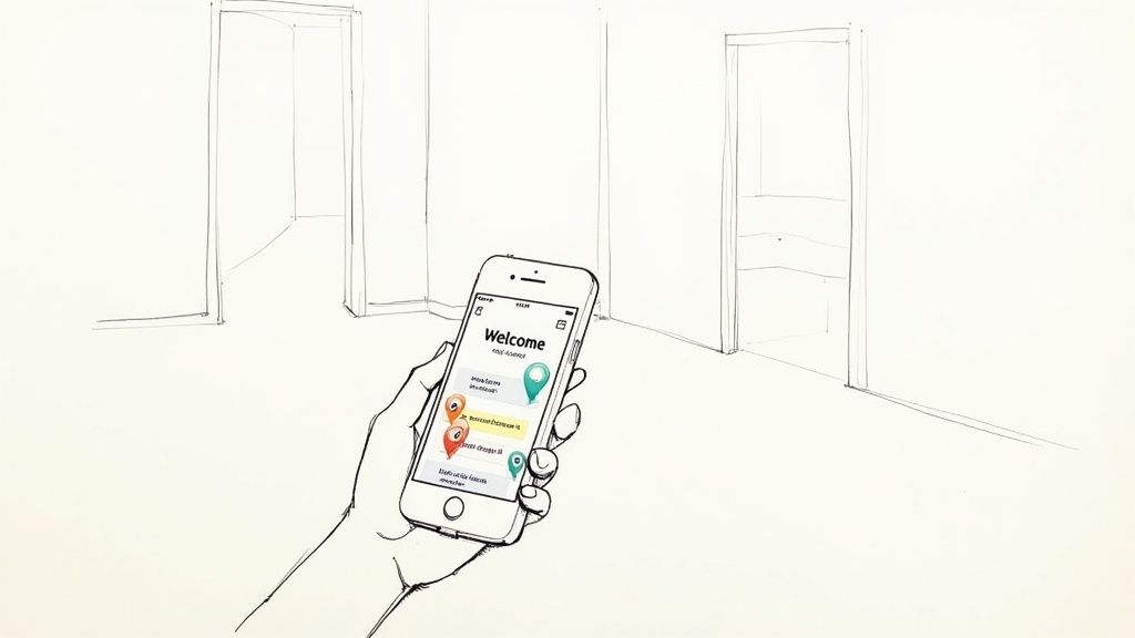 A guest scanning a QR code on their phone, which then displays a digital welcome guidebook.