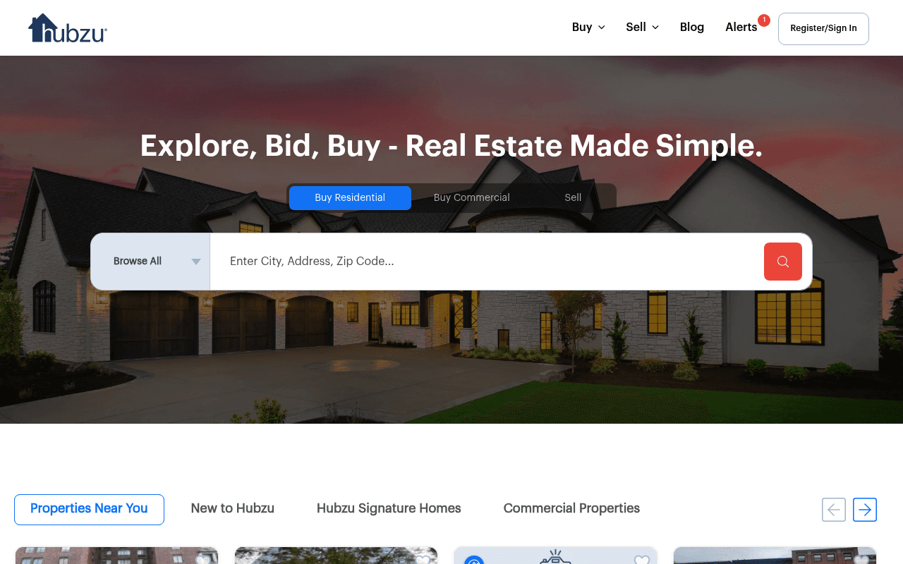 Hubzu homepage screenshot