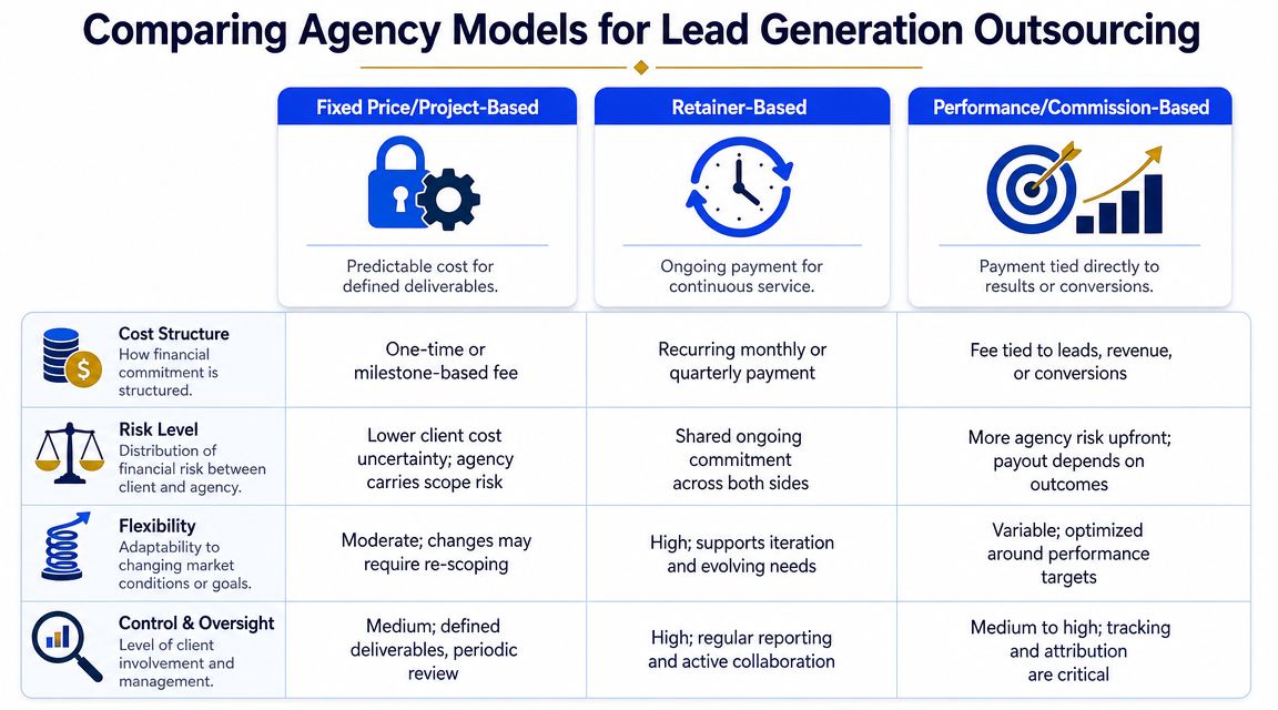 A comparison chart outlining different agency models for outsourcing lead generation including pricing, risk, and control structures.