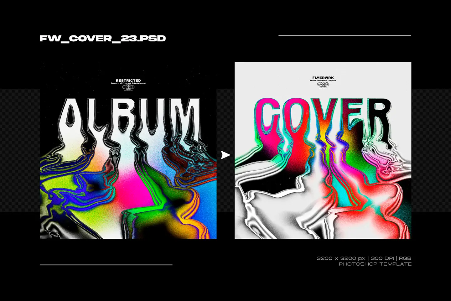 Abstract album cover template featuring heavy grain textures and melting rainbow gradient liquid effects