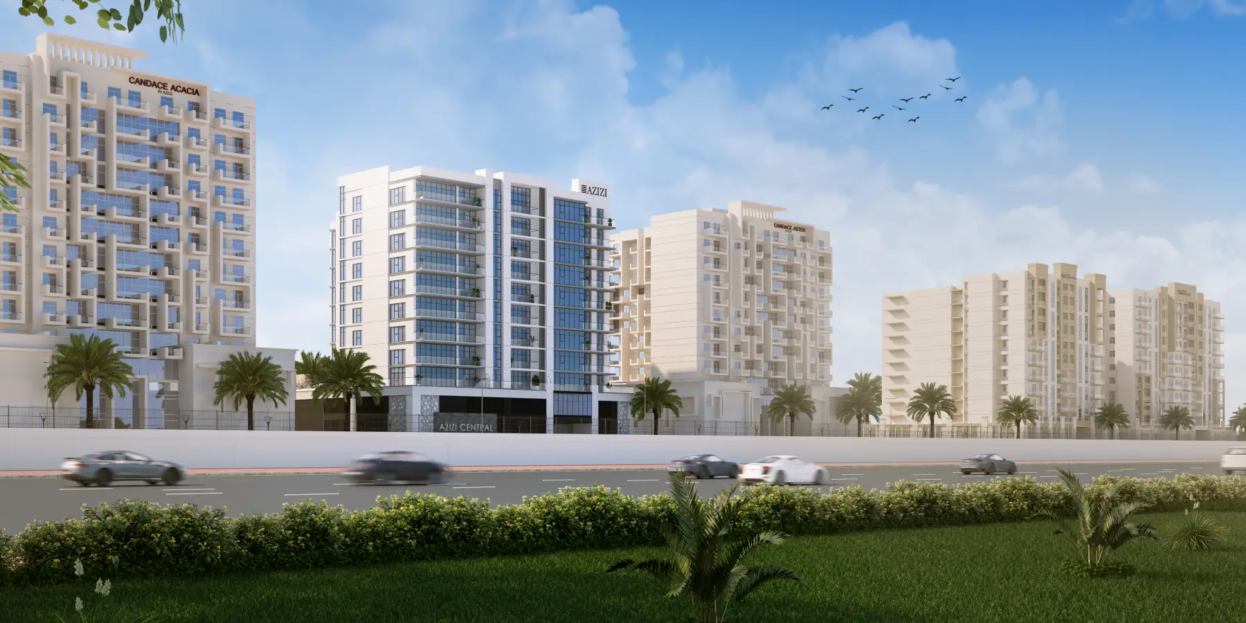 Azizi Central, a contemporary apartment complex in Dubai, featuring sleek design and urban landscaping.