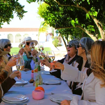 A group of women sit outdoors under trees, toasting with wine glasses around a table set with colorful accents. They appear joyful and celebratory.