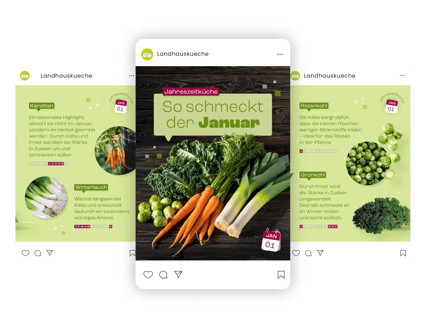 Gemüse des Monats Januar: Karotten, Grünkohl, Rosenkohl, Lauch. Saisonale Zutaten für leckere Gerichte.