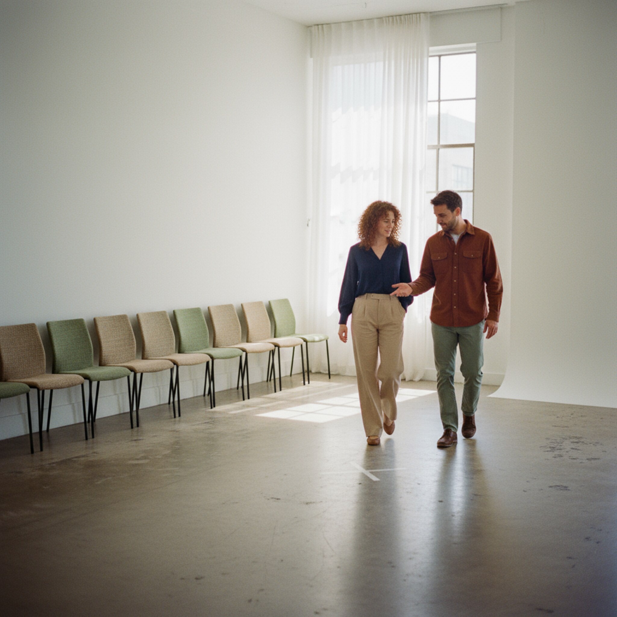 Ein helles Studio mit freier Fläche und geordneten Stühlen. Zwei Personen gehen die Positionen ab und zeigen auf eine dezente Markierung am Boden. Ein Vorhang ist halb geöffnet und lässt weiches Licht herein. Die Stimmung ist ruhig, fokussiert und vorbereitet.