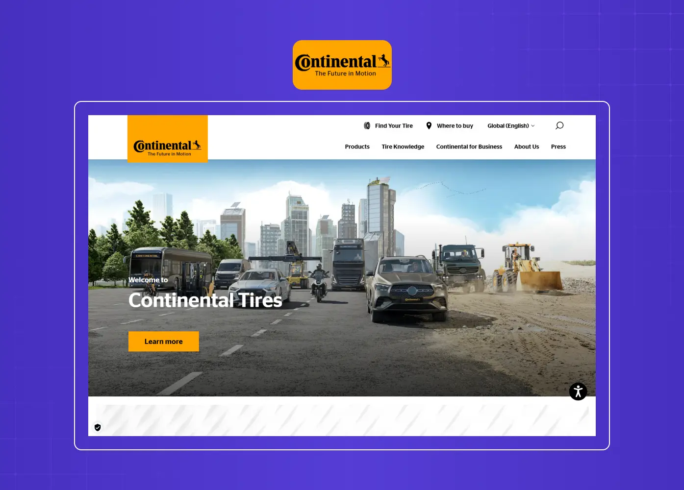 Corporate homepage featuring product categories and a hero banner highlighting mobility and automotive solutions.