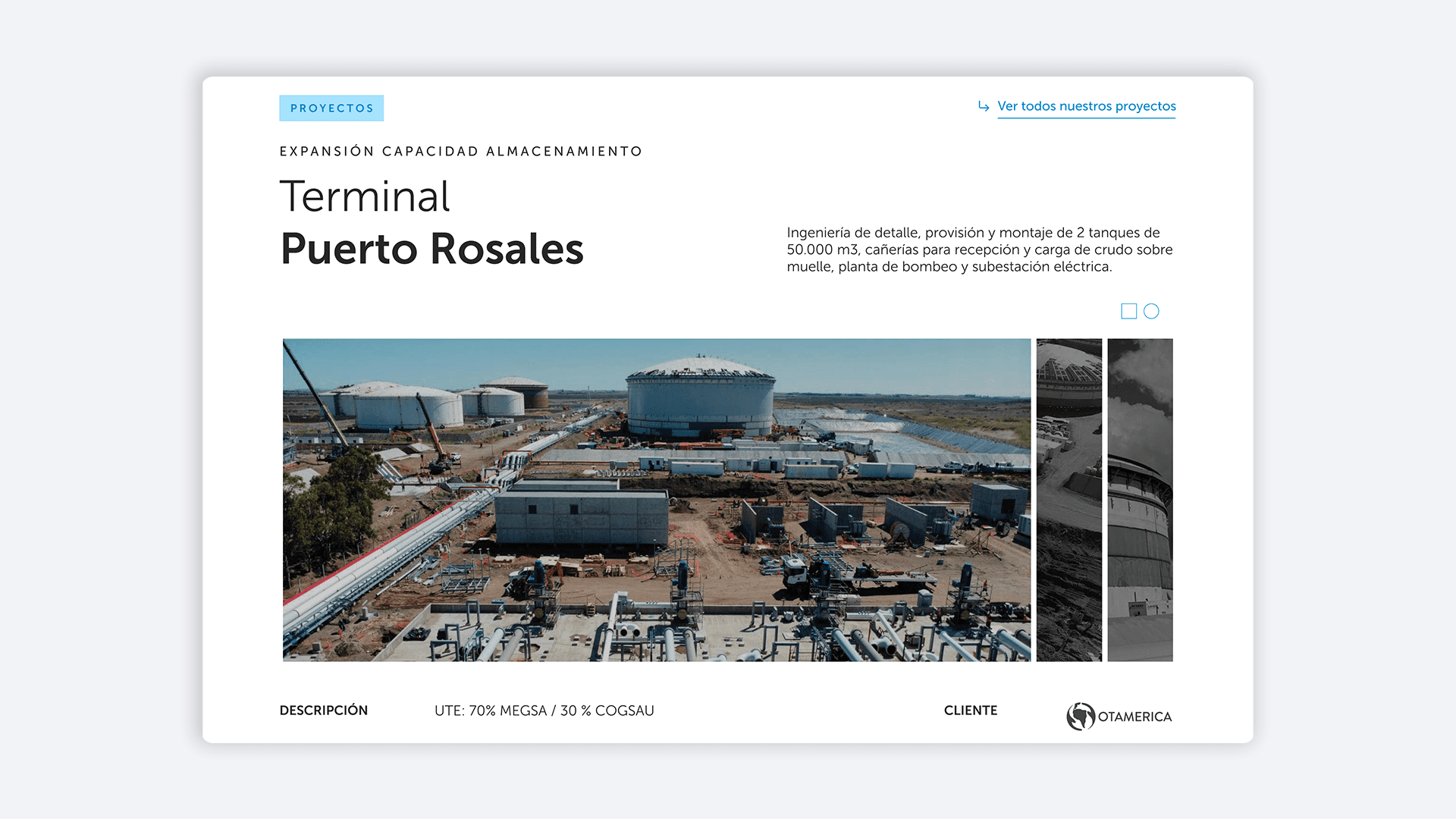 Plano arquitectónico detallado del proyecto Terminal Puerto Rosales, mostrando tanques de almacenamiento y estructuras.