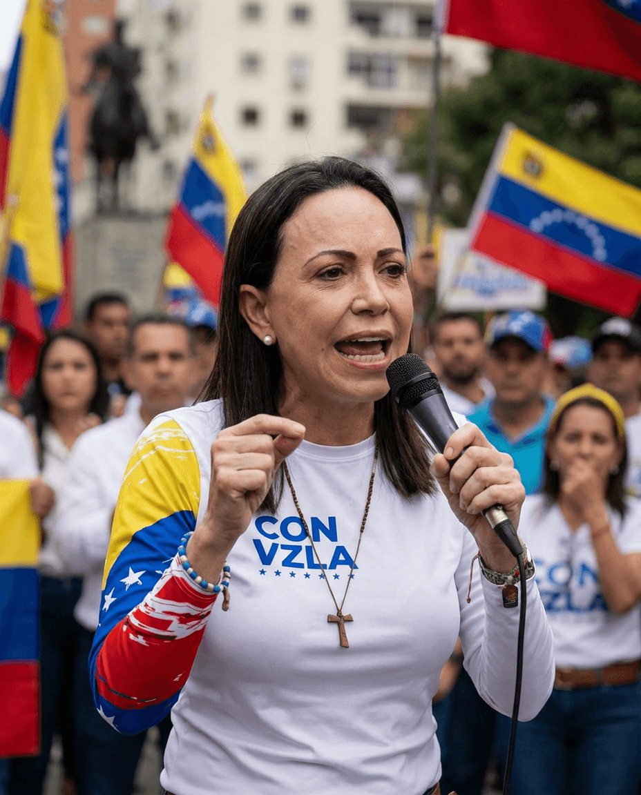 María Corina Machado at a political event, portrait orientation.