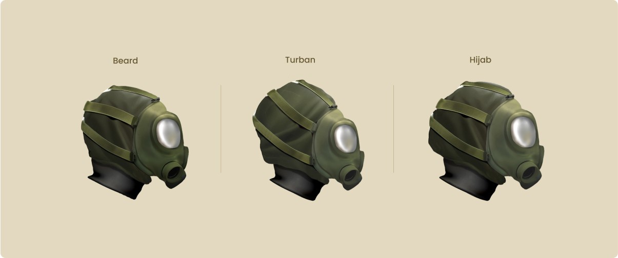 Renders of an inclusive respirator designed for different headwear styles, including a hijab, turban, and beard, ensuring a secure and comfortable fit for diverse users.