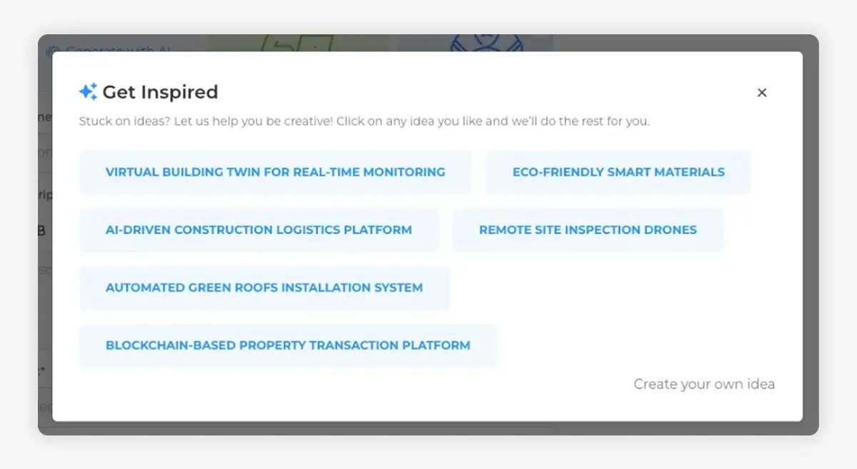 Popup window titled “Get Inspired” showing suggested innovation ideas such as AI and sustainability topics with selectable blue buttons.
