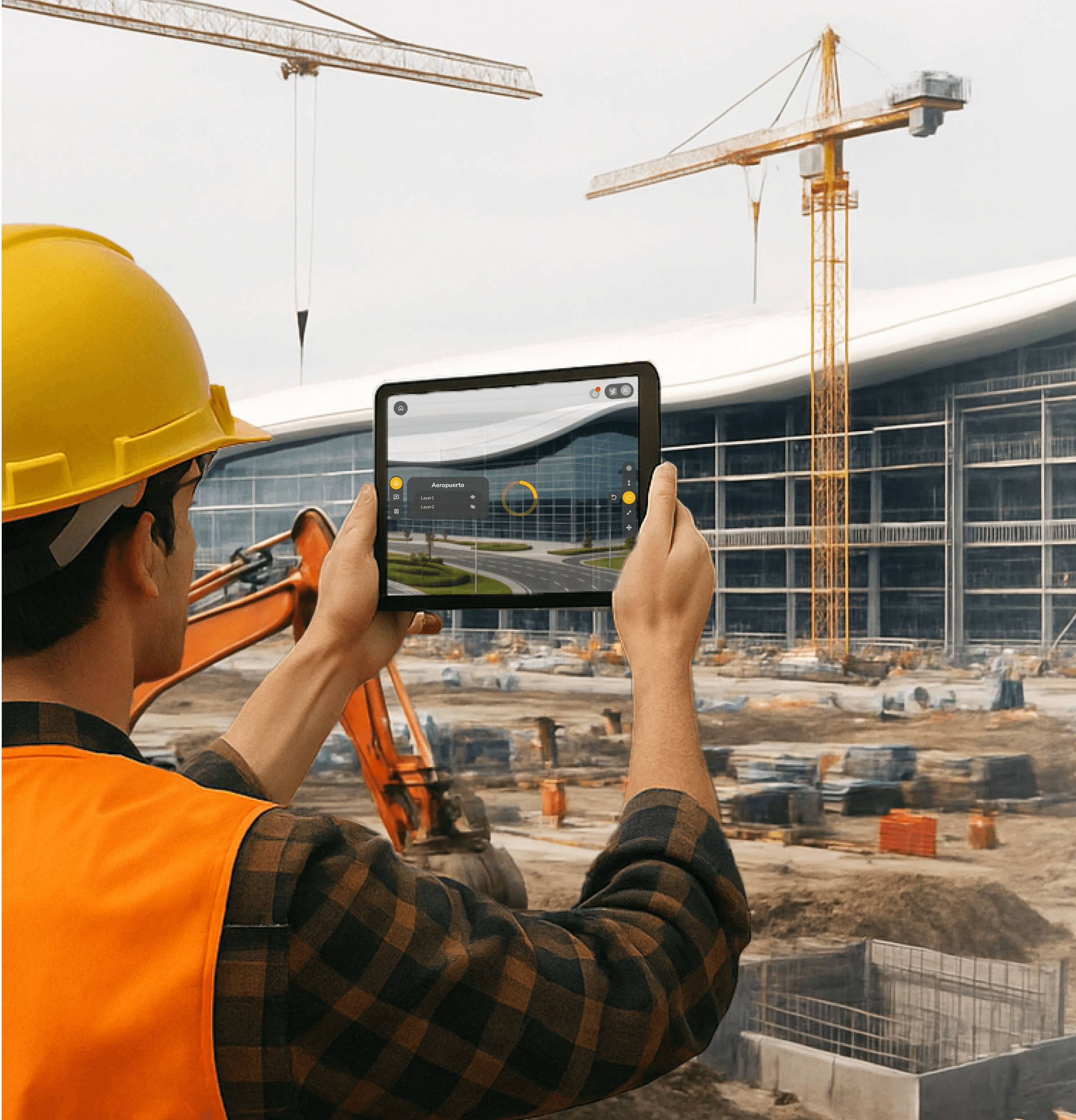 Operario usando la app de TOKII Vision en el terreno de obra para acceder a la información de la infraestructura.