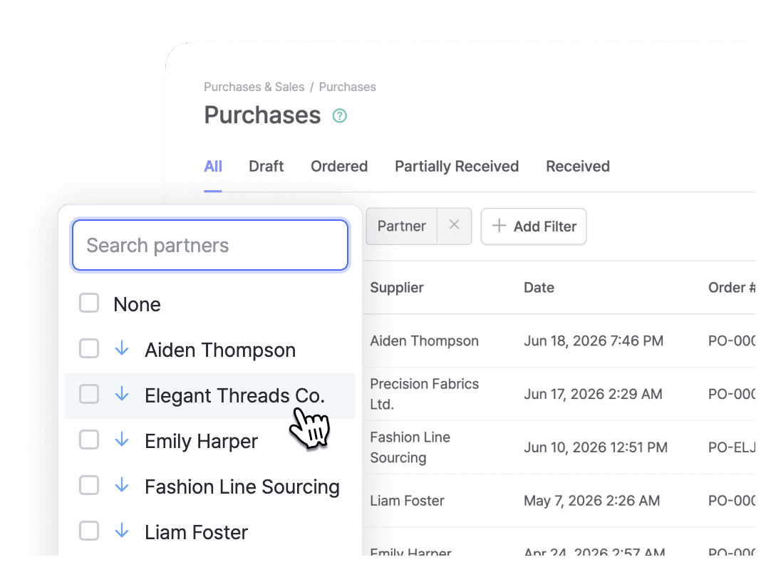 Filtering the Purchases list by Partner, selecting a supplier from the dropdown.