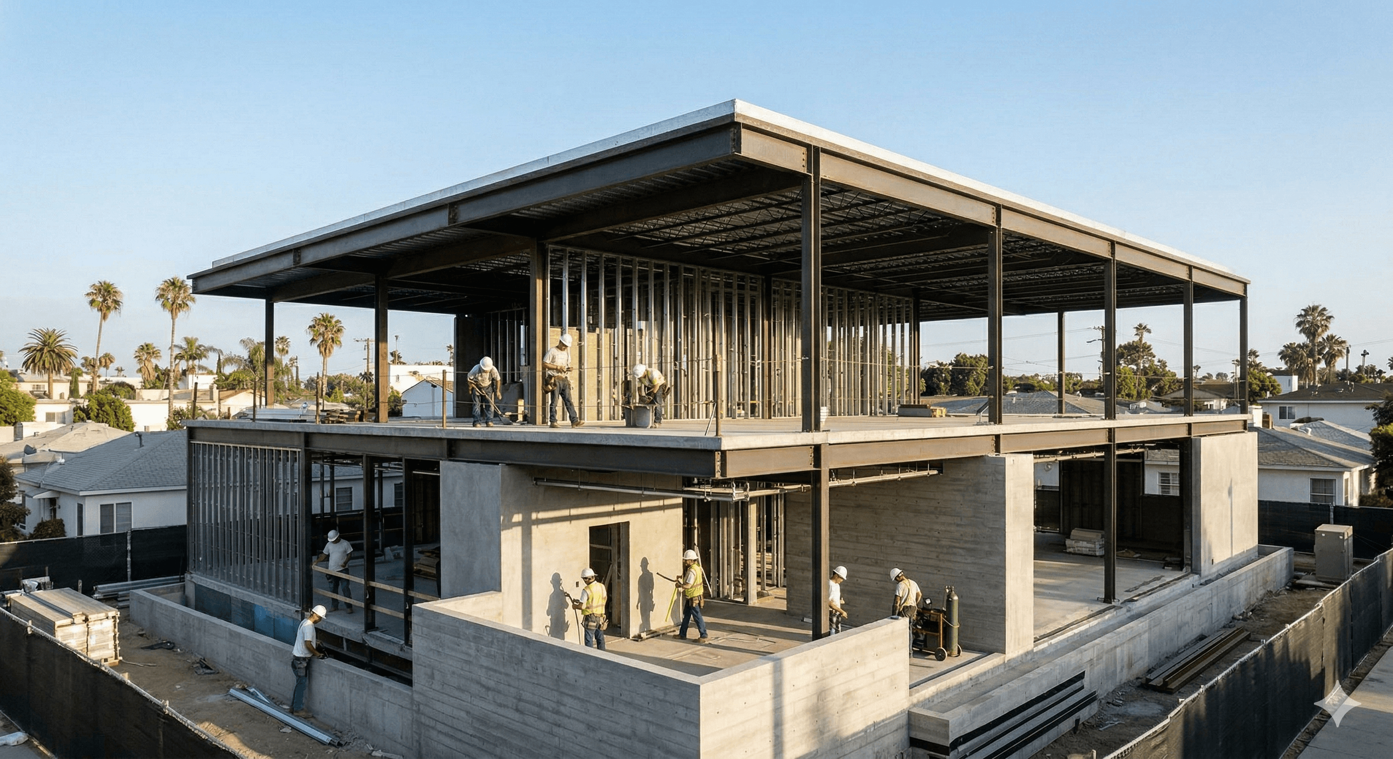Low angle view of a modern white and orange building under the bright sky
