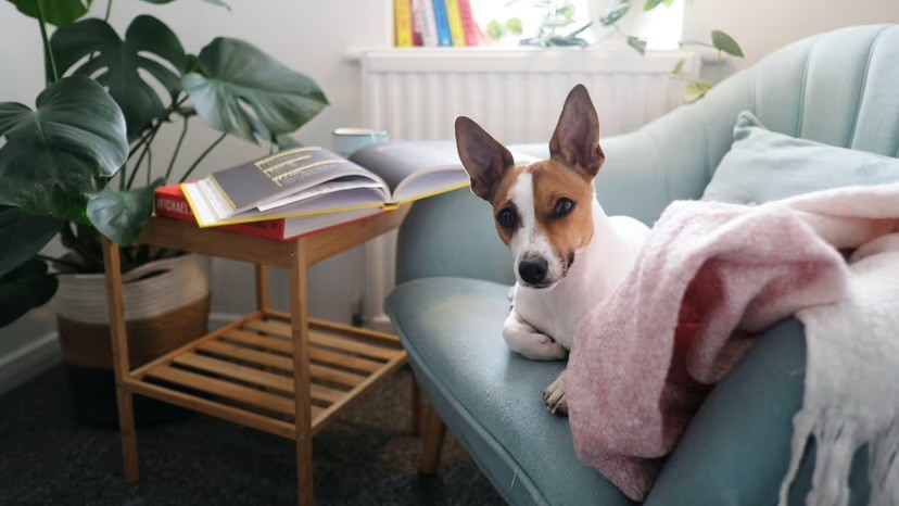 Terrier resting calmly on a sofa at home under a blanket