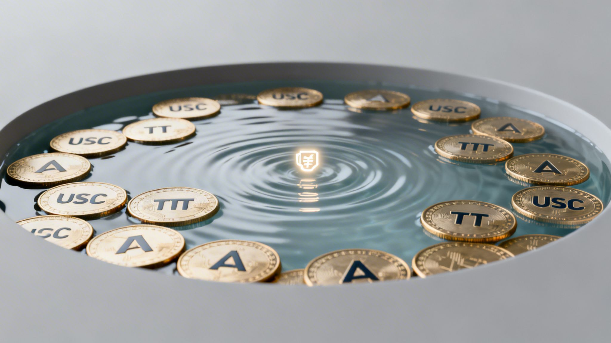 Golden coins labeled 'A', 'USC', 'TTT' float in water around a glowing digital currency symbol.