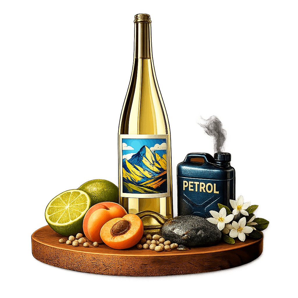 Artistic label and flavor profile for Austrian Riesling on a rustic wooden table.