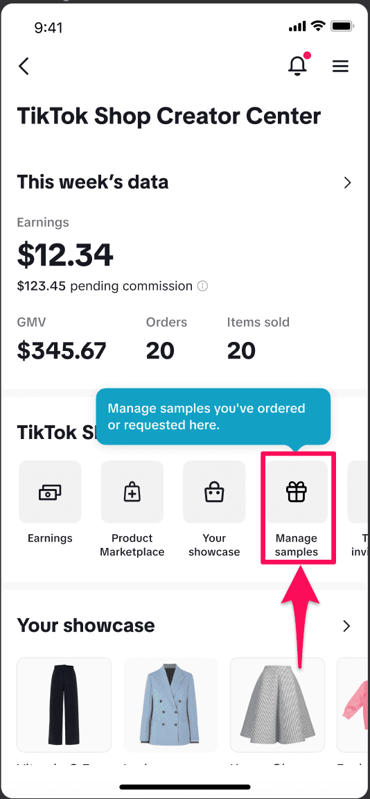 Screenshot of the TikTok Shop Creator Center app showing earnings and the highlighted share icon.