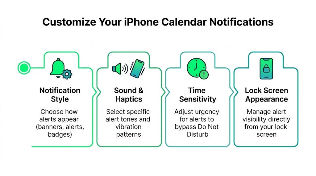 An infographic showing four steps to customize iPhone calendar notifications for style, sounds, sensitivity, and lock screen.