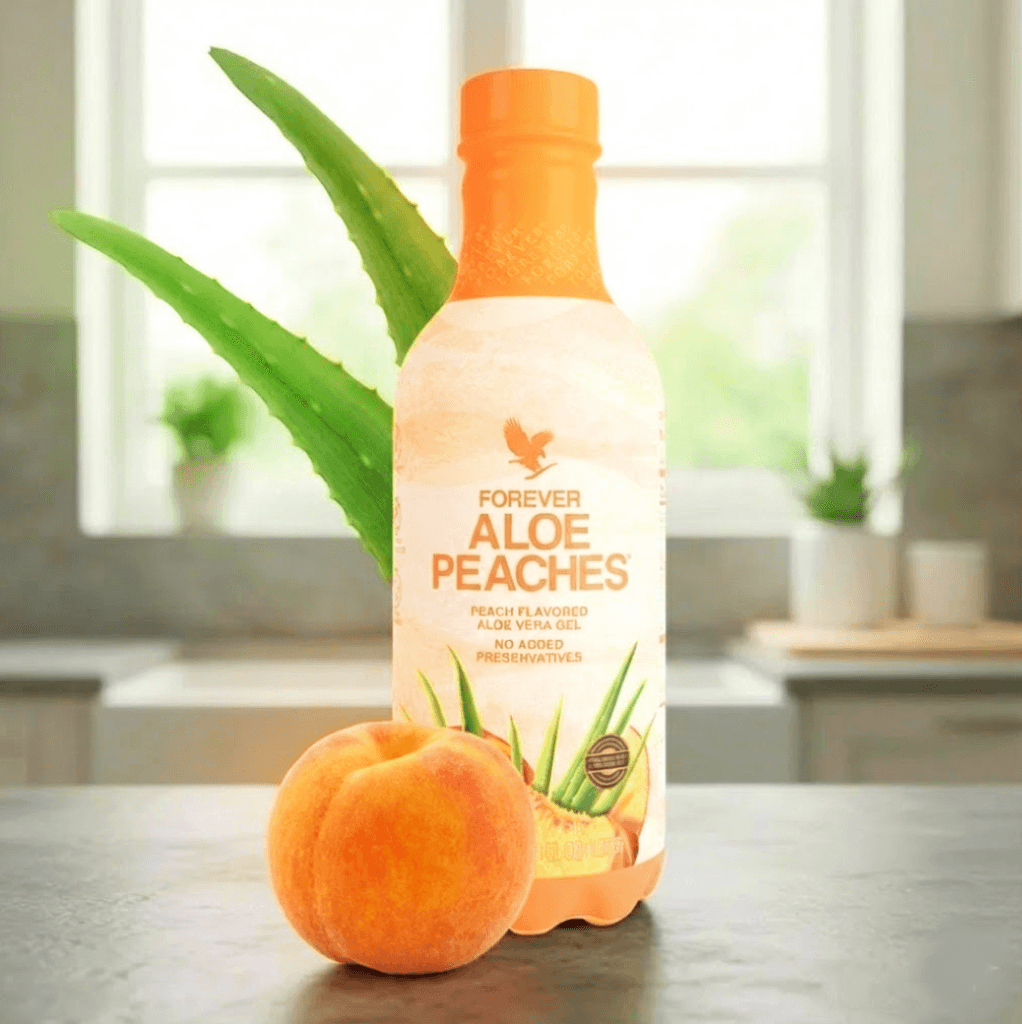 Garrafa do Forever Aloe Bits N' Peaches, suco de babosa com pedaços de pêssego, ideal para toda a família.