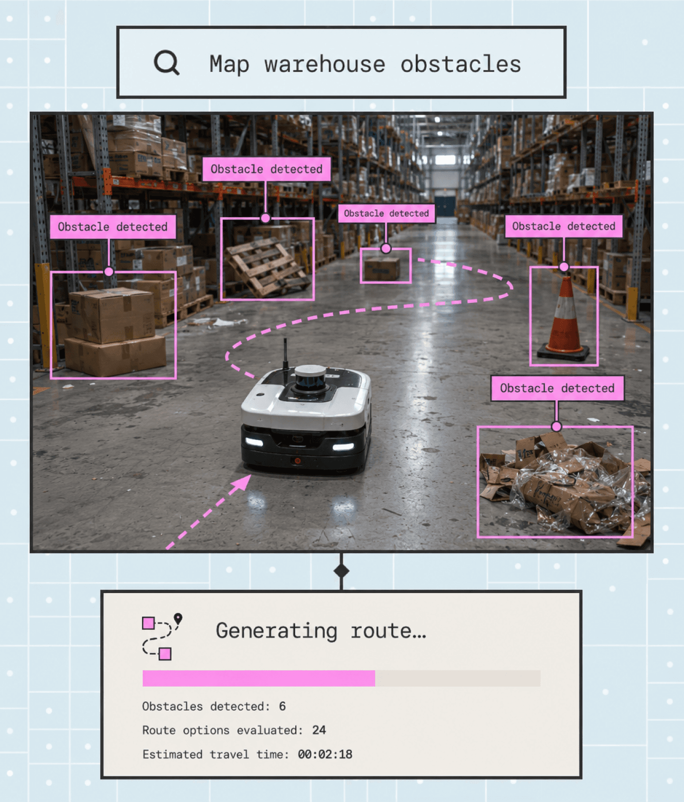 Illustration for Archive Repurposing: a search for "a silver bag" resulting in a 'Detected' label over an image of a person wearing a silver outfit within stacked archive photos.
