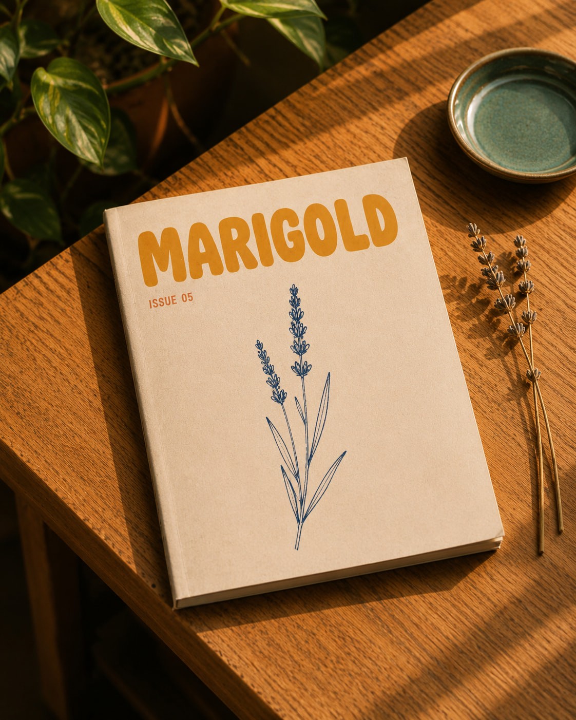 A magazine titled "Marigold" rests on a wooden table with sunlight casting gentle shadows. Beside it, dried lavender and a small green dish add a cozy atmosphere.