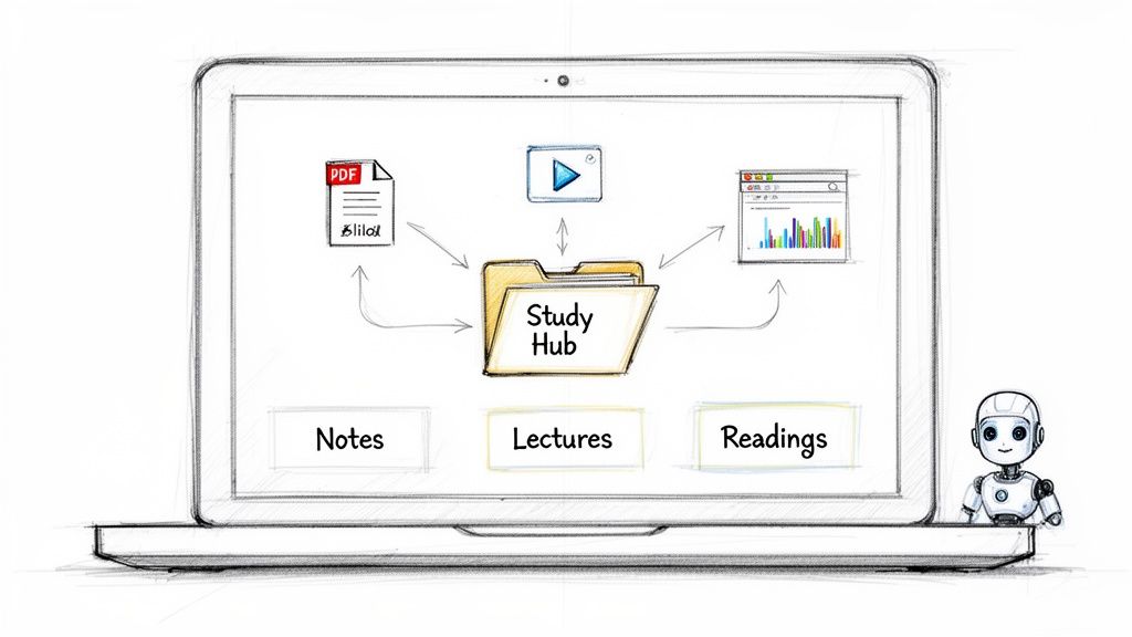 Digital Study Hub concept on a laptop screen, organizing notes, lectures, and readings with an AI assistant.