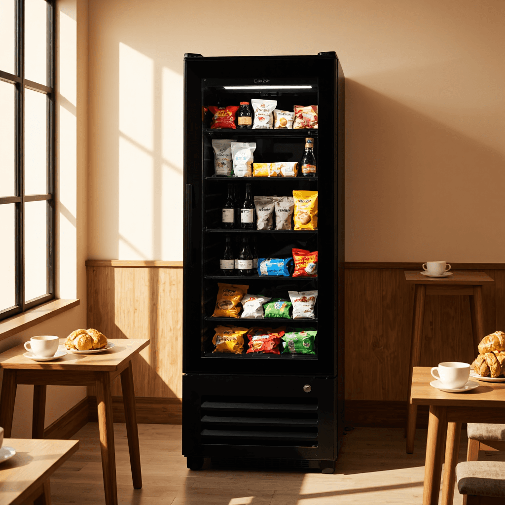 product photography of a display refrigerator for beverages and snacks