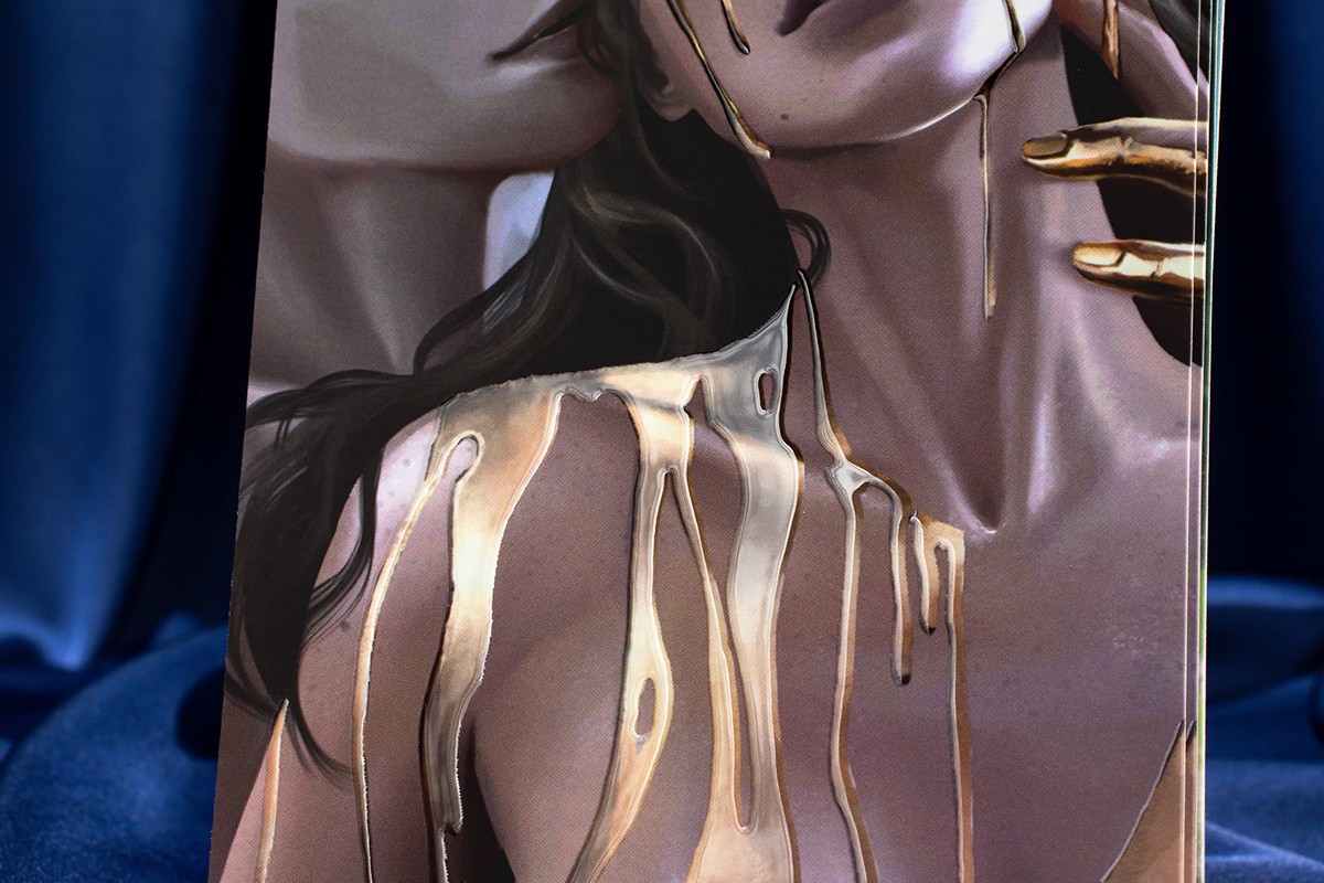 Postcards for Irina Kulish printed on coated board with raised uv varnish, sugar (glitter) lamination, digital printing, silky soft-touch lamination.