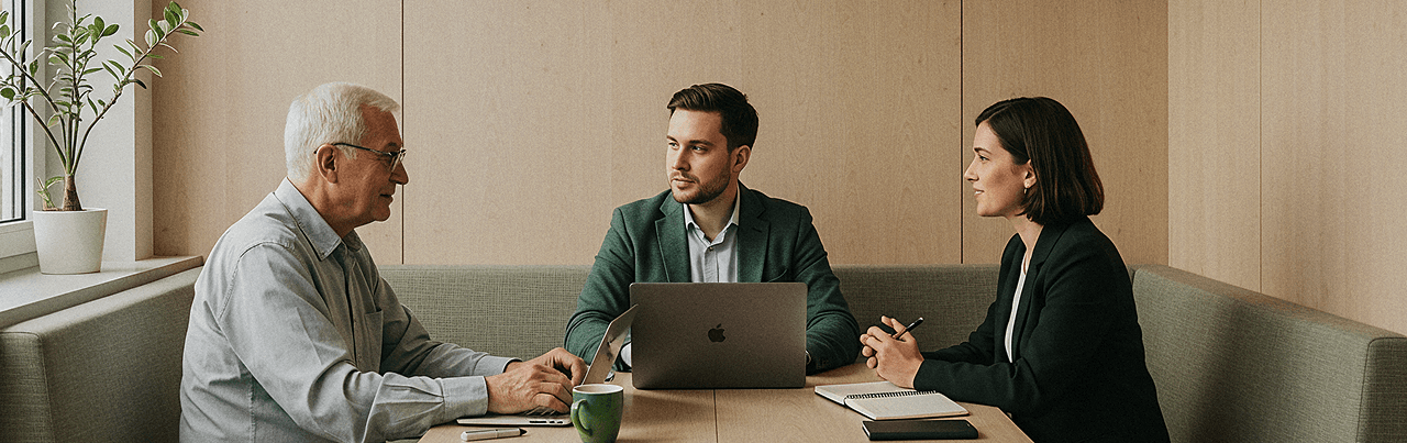 Three business professionals sitting at a table in a modern office, having a meeting. An older man in a gray shirt speaks while a younger man with a laptop and a woman with a notebook listen attentively.