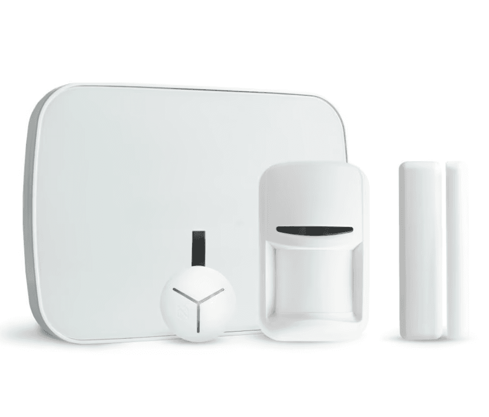 Kit alarme maison sans fil : centrale, détecteur de mouvement et capteur d'ouverture.