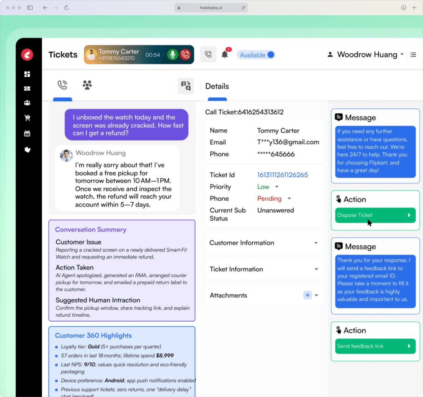 Screenshot of a CX platform's AI assistant showing sentiment analysis, an AI-generated conversation summary, and a suggested reply for a support agent. 