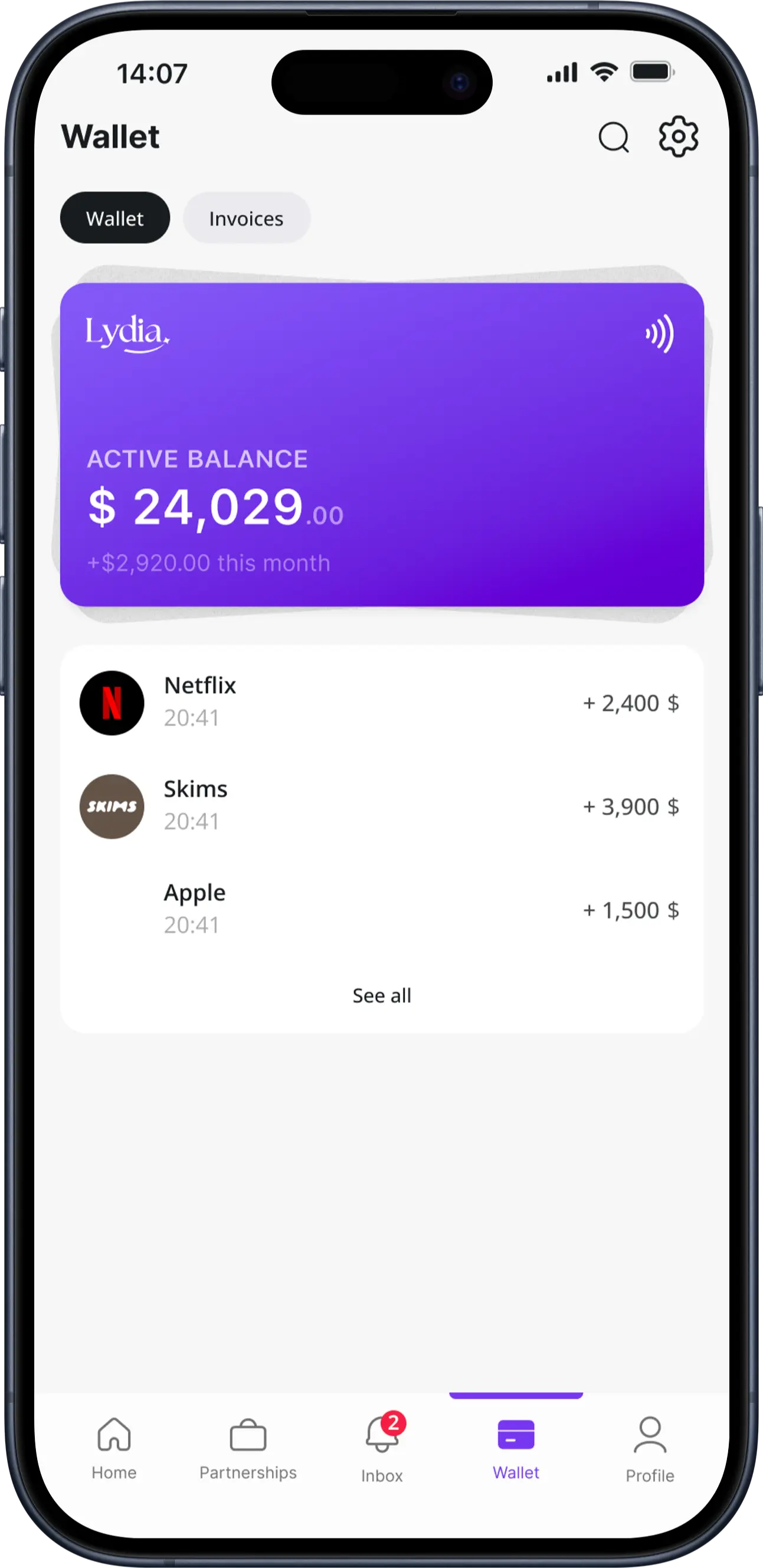 Screenshot of Wallet Feature in Lydia App