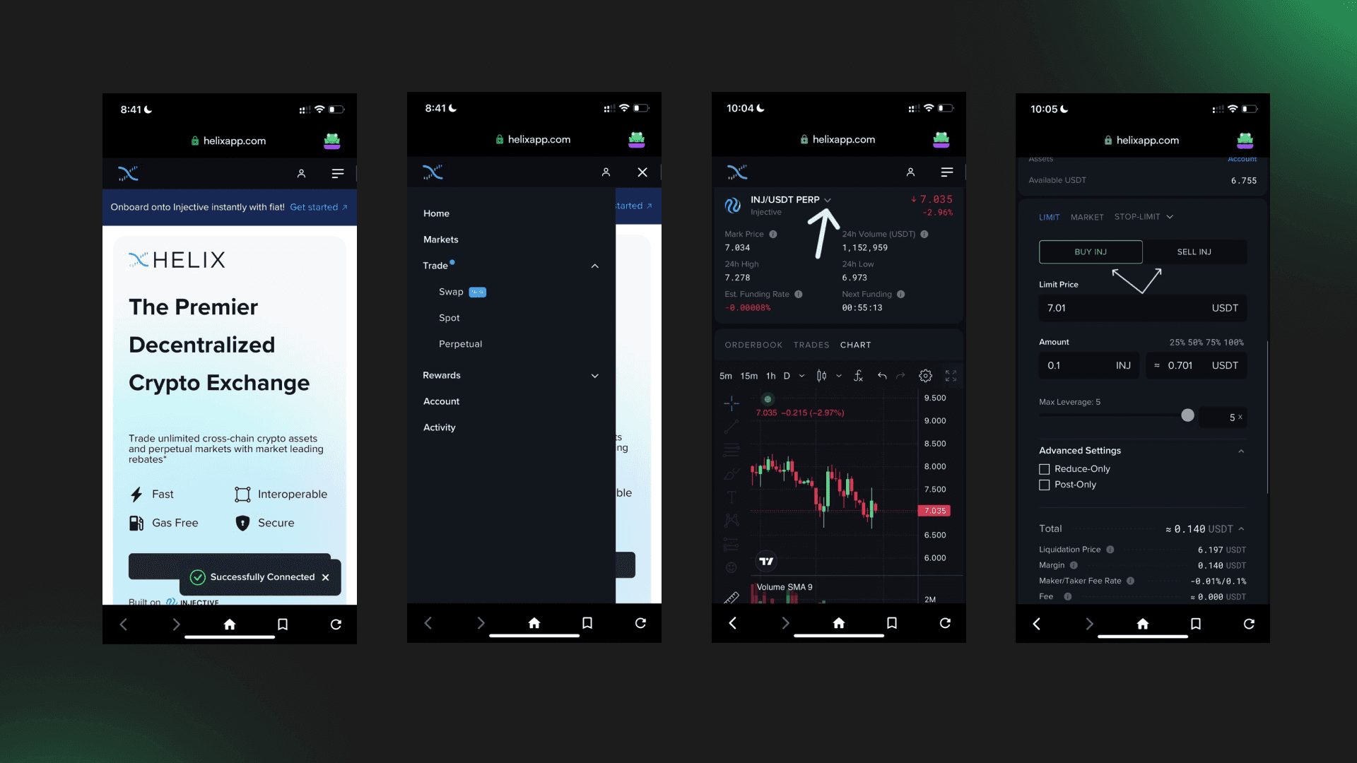 Enter long position on Helix DEX using Leap Mobile browser