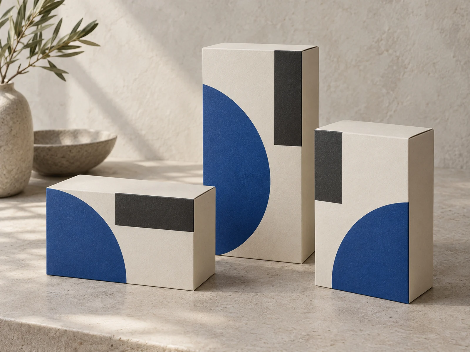 Larder packaging boxes with cobalt half circles on a stone table