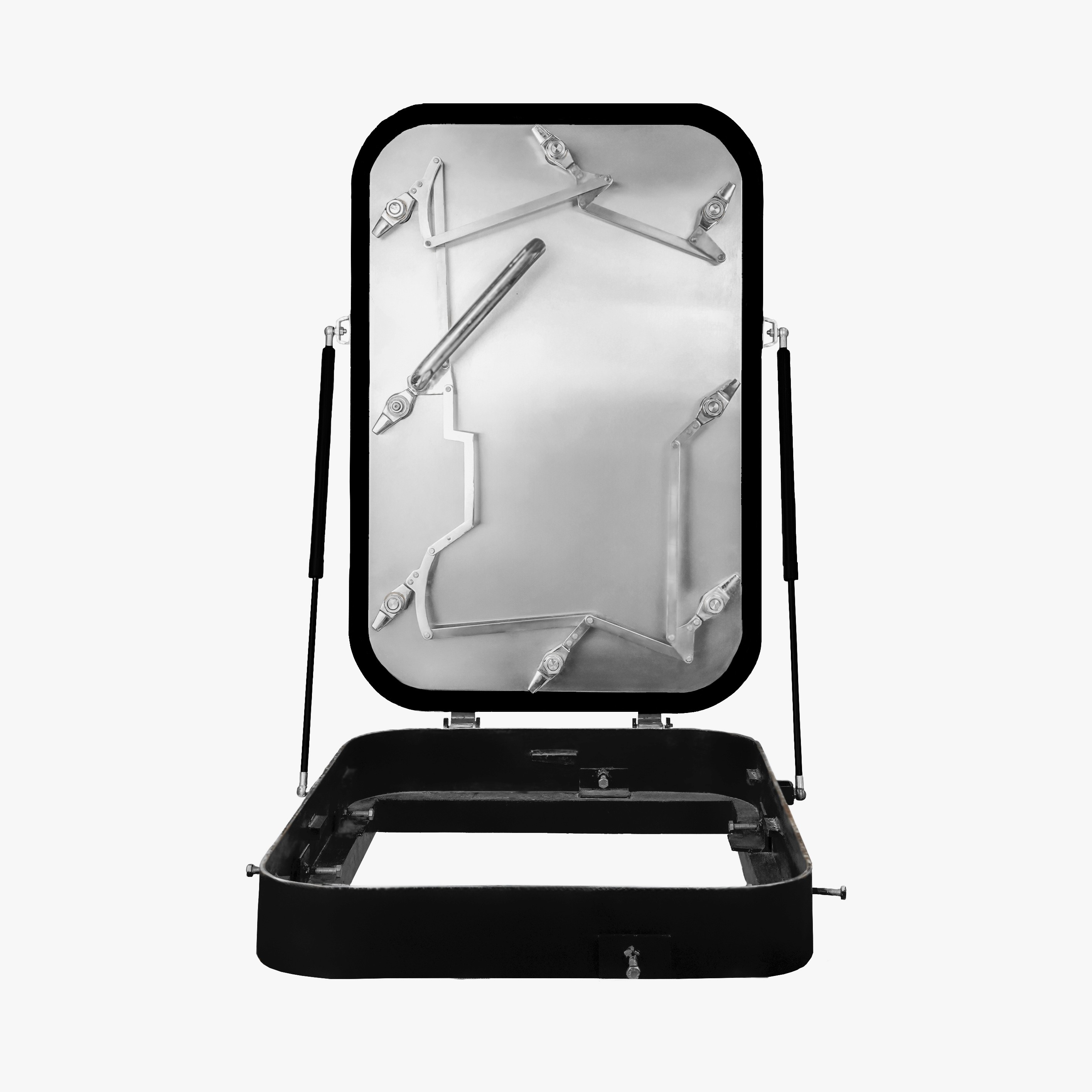 Marine-grade watertight ship door with stainless steel handle and circular sealing points, designed for vessels and offshore structures.