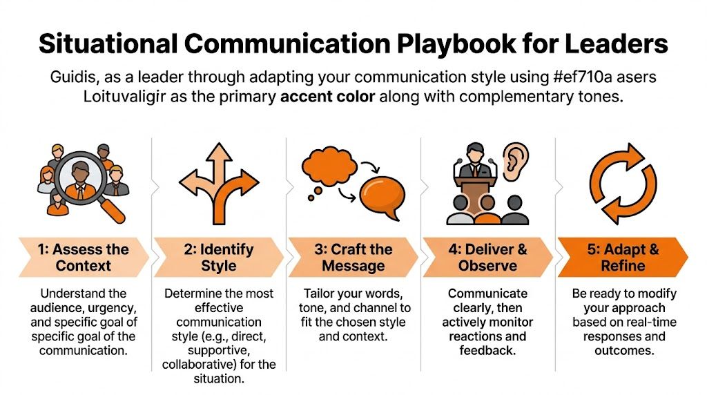 A five-step infographic guide for leaders on adapting communication styles to different situational contexts and audiences.
