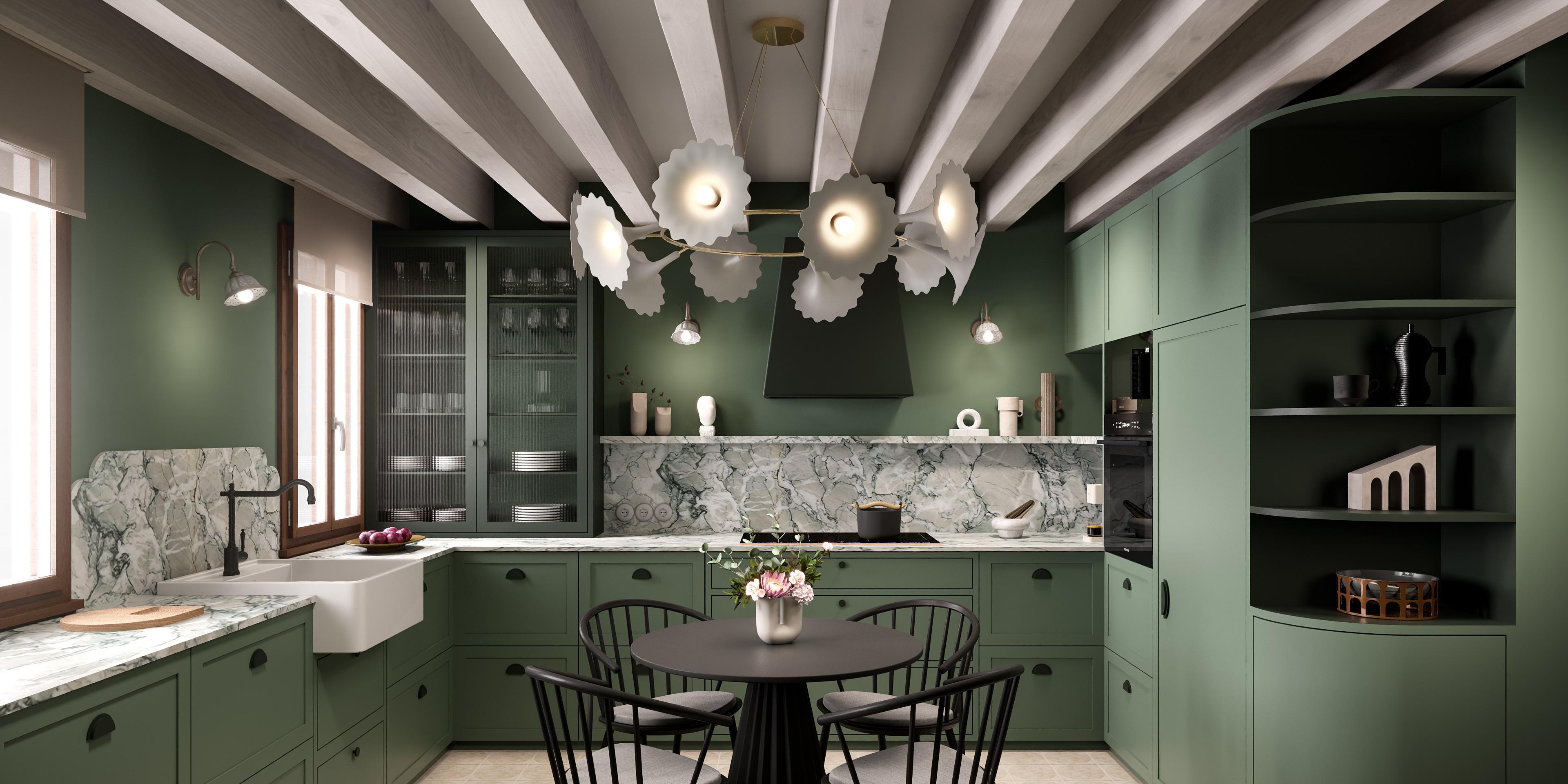 Villeroy & Boch sink and Nuura chandelier, accento wooden black chairs for a shaker kitchen design project in Lausanne, Switzerland
