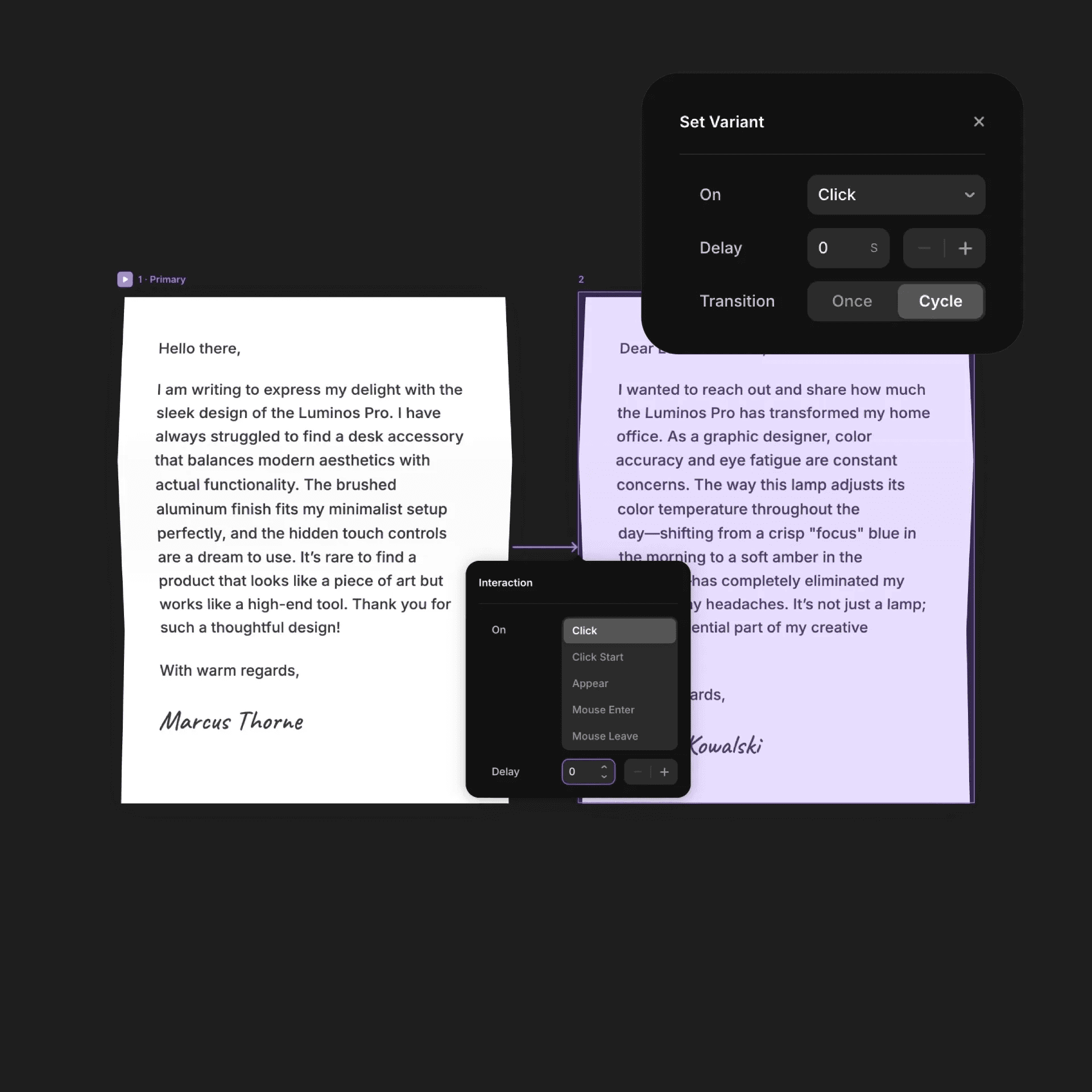 Framer testimonial letters with click-to-cycle interaction