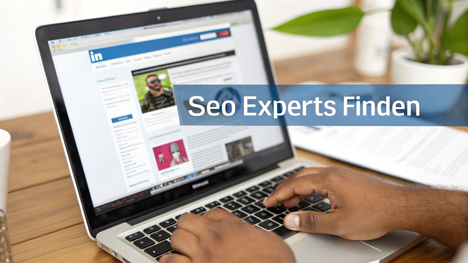 Persoon typt op een laptop met daarop een LinkedIn-pagina en de tekst 'Seo Experts Finden'.