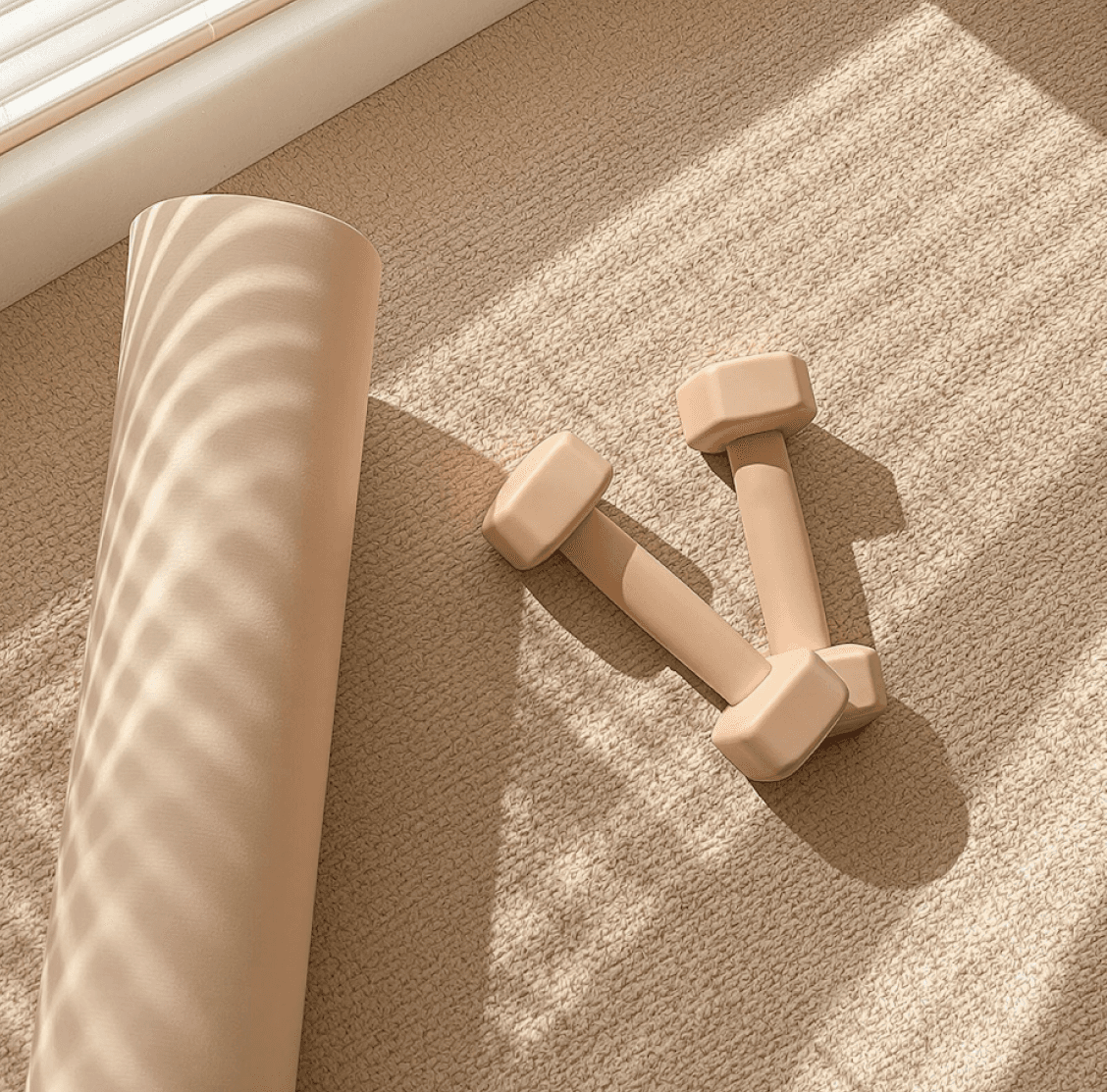 Beige yoga mat and dumbbells on carpet in soft natural sunlight