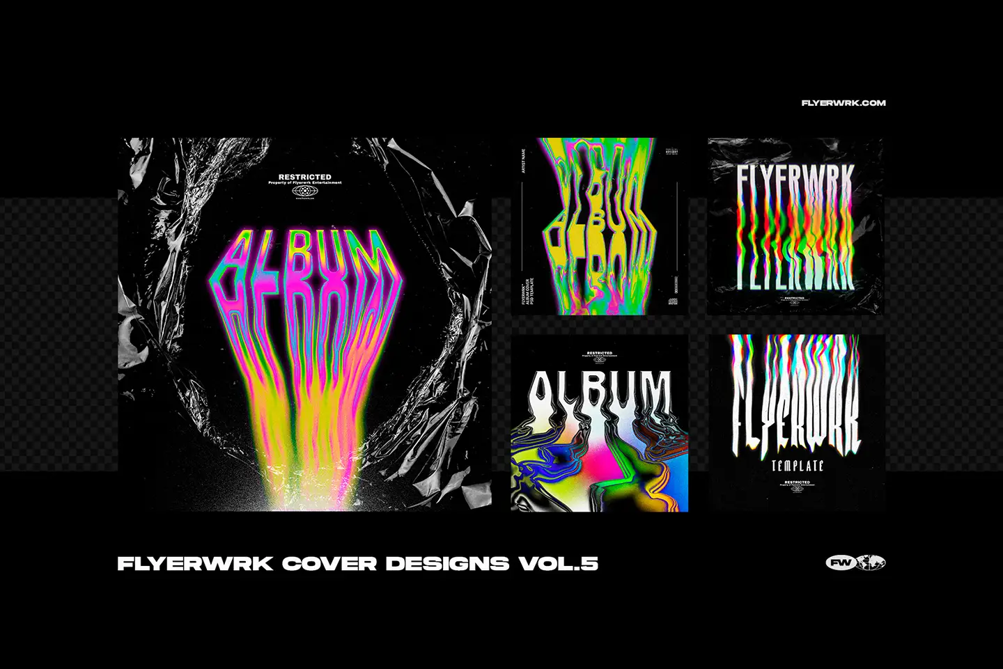 Grid overview of volume five cover designs showcasing trippy melting typography and colorful abstract graphics