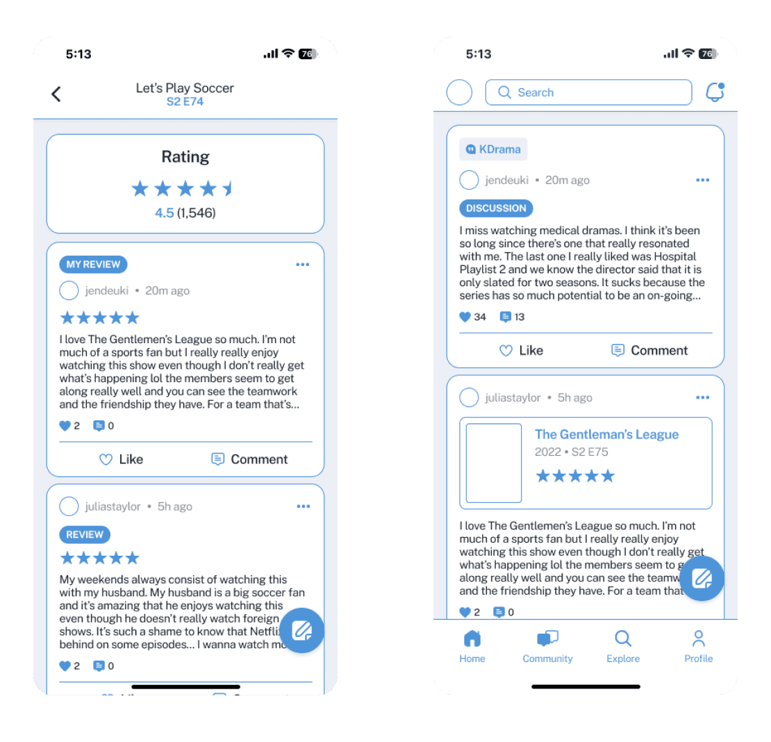Mid-fidelity wireframes for Review page and Community page