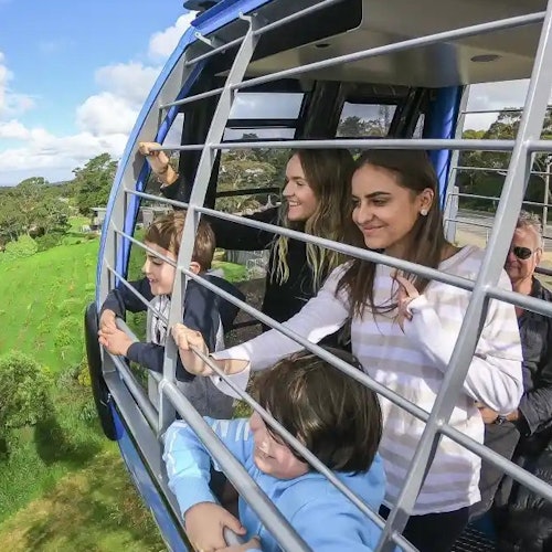 Four people inside a cable car, looking out through the metal bars at green scenery below on a sunny day.
