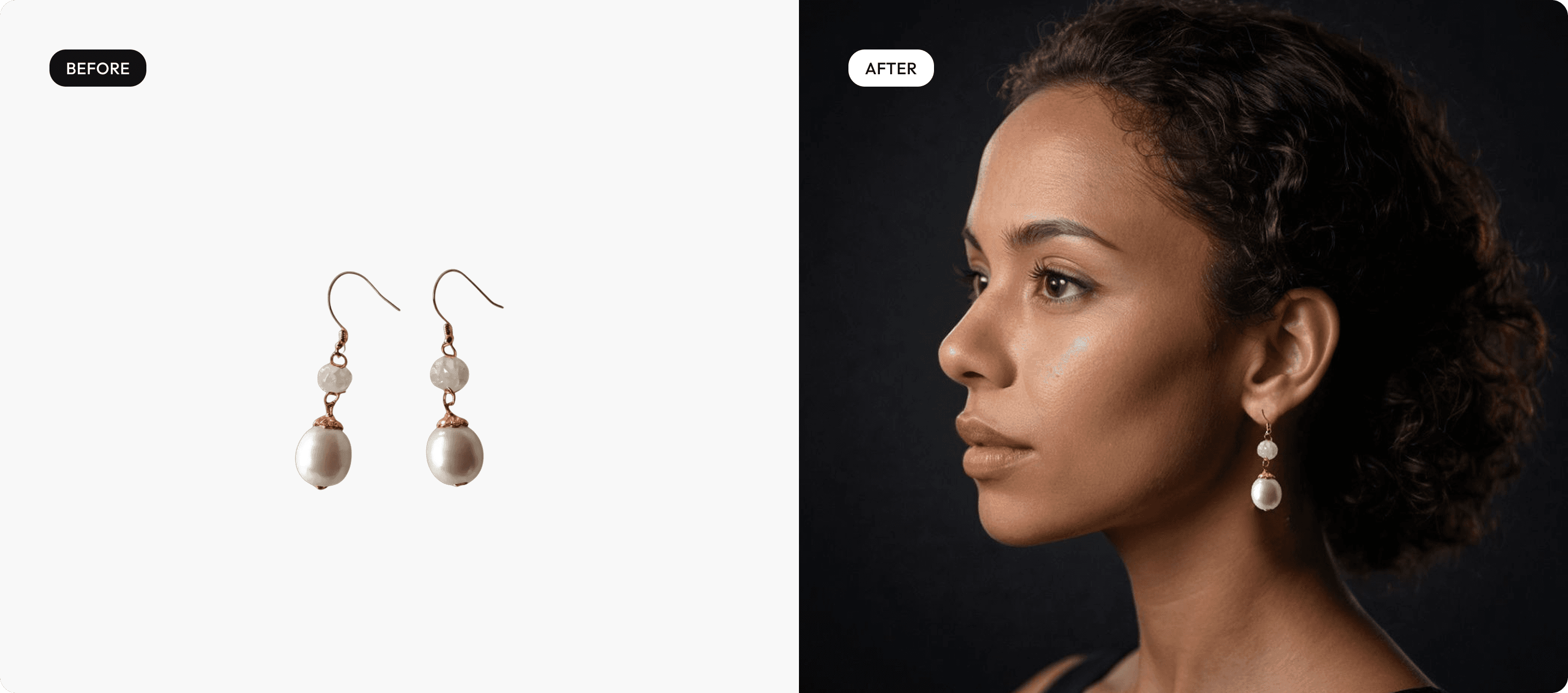Before and after: woman wearing an earring, Shopify listing photo made with Caspa AI