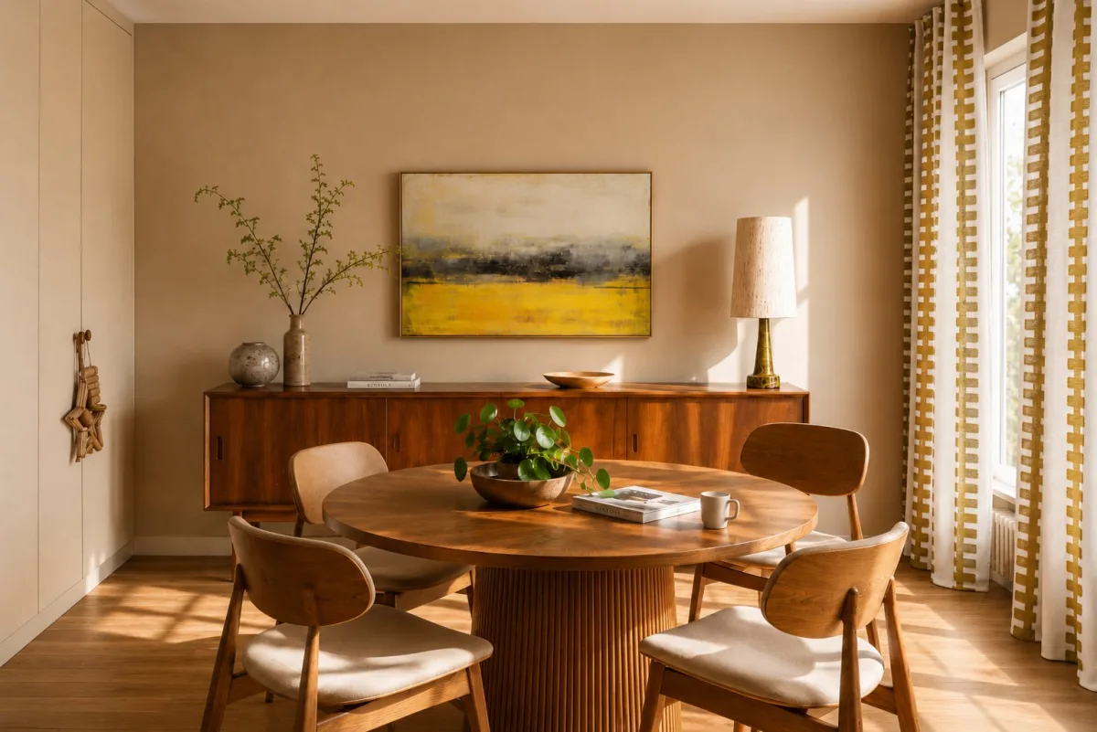Salle à manger d'un appartement dans les Hauts-de-Seine, table ronde en bois cannelé, buffet vintage en noyer et oeuvre d'art contemporaine jaune