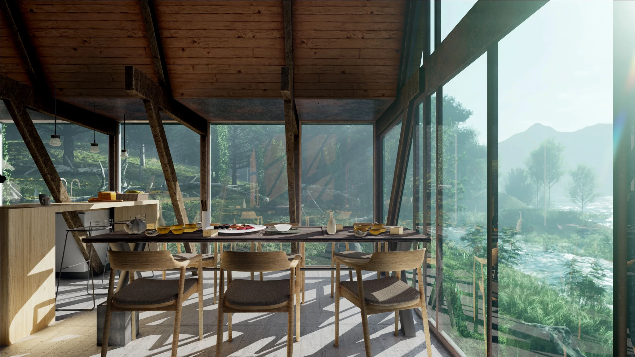 A dining room with large windows showcasing breathtaking mountain scenery.