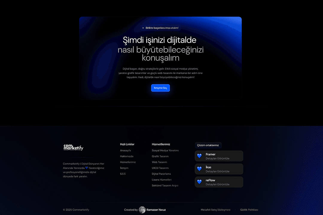 Commarketify iletişim ve teklif alma sayfası Framer web sitesi