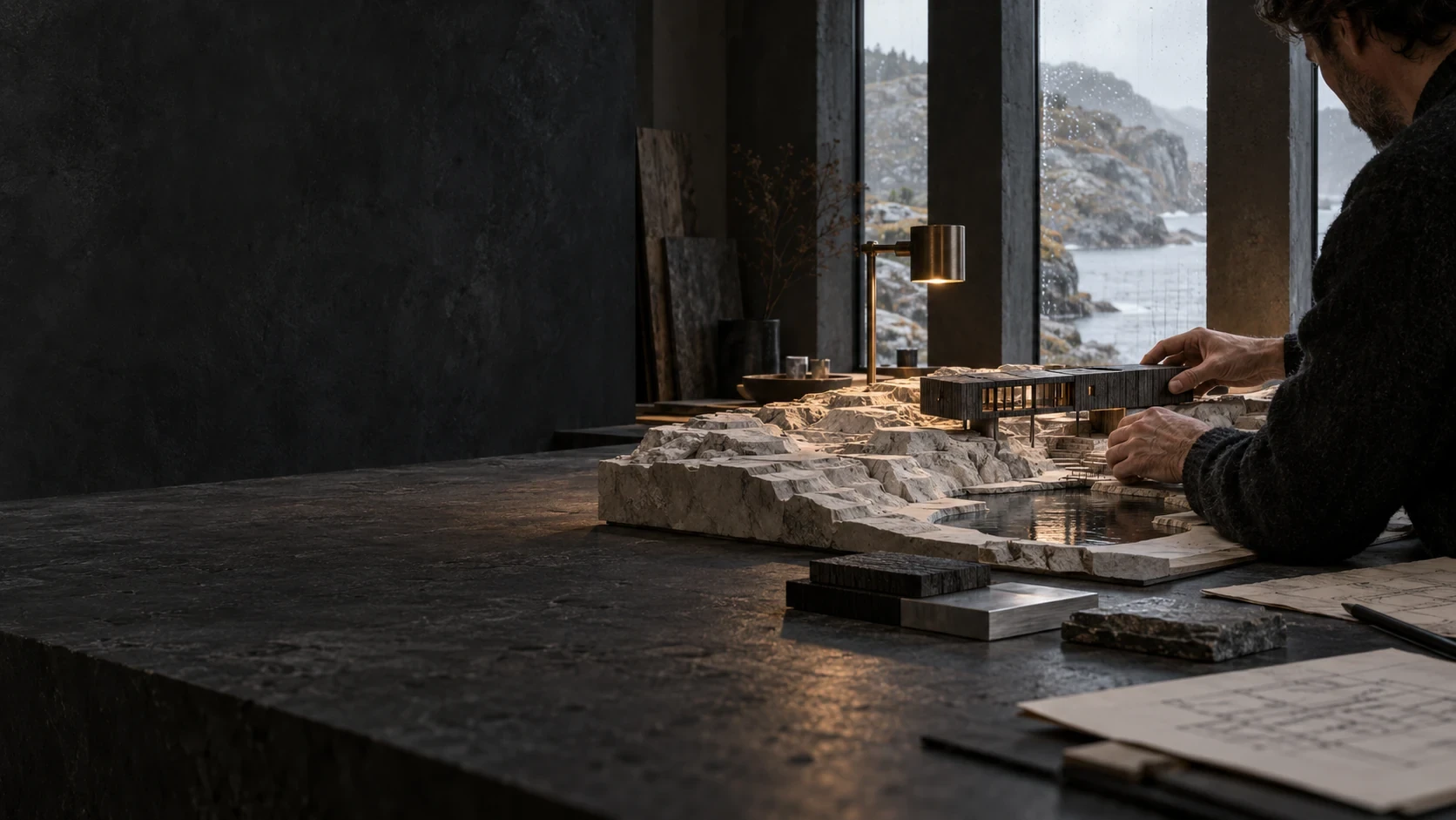 Concept visualisation of an architect developing a bridge house model in a dark coastal workshop