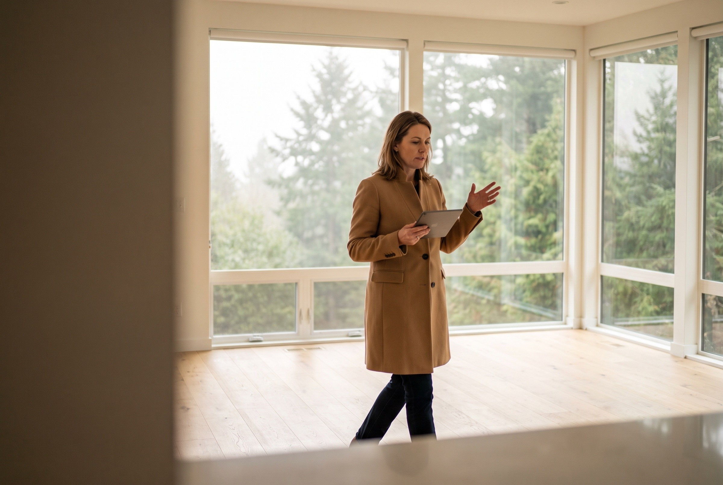 Property manager inspecting a bright modern living room